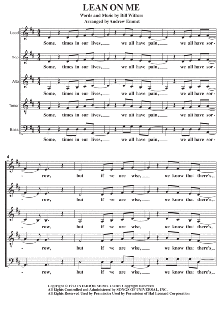 Free Sheet Music Lean On Me A Cappella