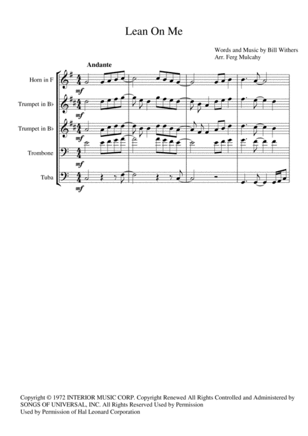 Lean On Me By Bill Withers For Brass Quintet Sheet Music