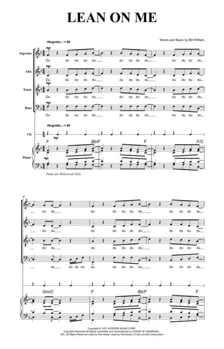 Free Sheet Music Lean On Me For Satb A Cappella With Piano Acoompaniment For Rehearsal