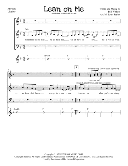 Lean On Me For Ukulele Ensemble And Vocals Sheet Music