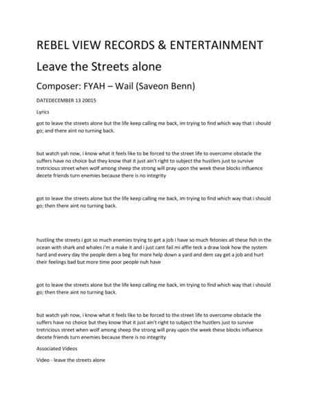 Leave The Streets Alone Sheet Music