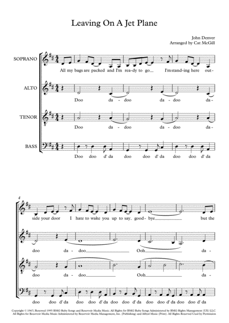 Leaving On A Jet Plane Arranged For A Cappella Community Choir Sheet Music