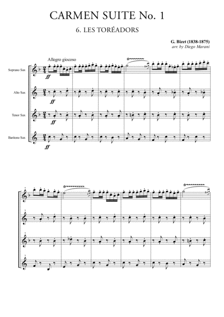 Les Toreadors From Carmen Suite For Saxophone Quartet Sheet Music