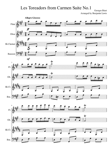 Les Toreadors From Carmen Suite No 1 Arranged For Woodwind Quartet Sheet Music