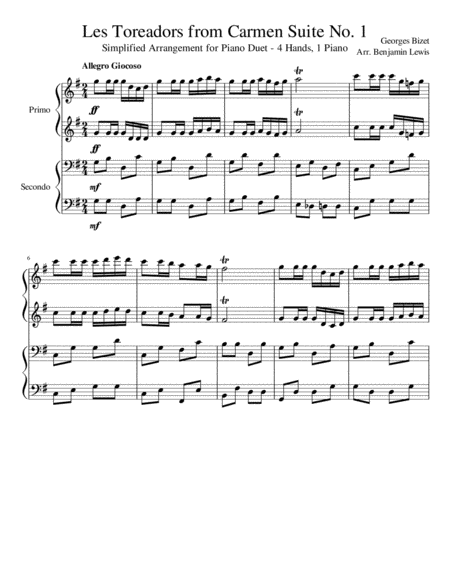 Free Sheet Music Les Toreadors From Carmen Suite No 1 For Piano Duet