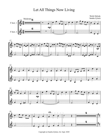 Free Sheet Music Let All Things Now Living Treble F Instrument Duet Parts Only