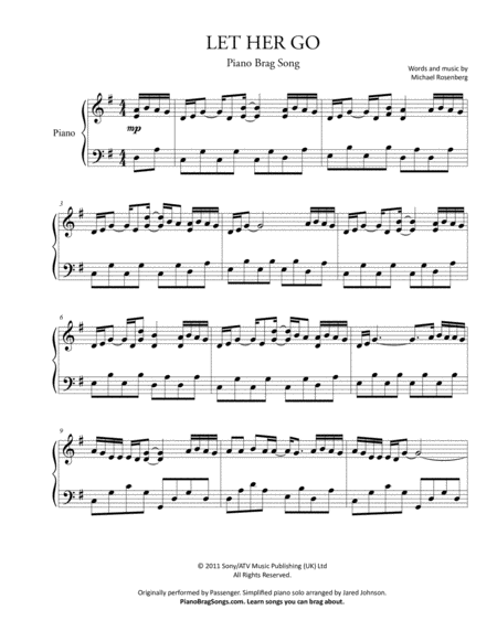 Free Sheet Music Let Her Go Short Piano Solo Passenger