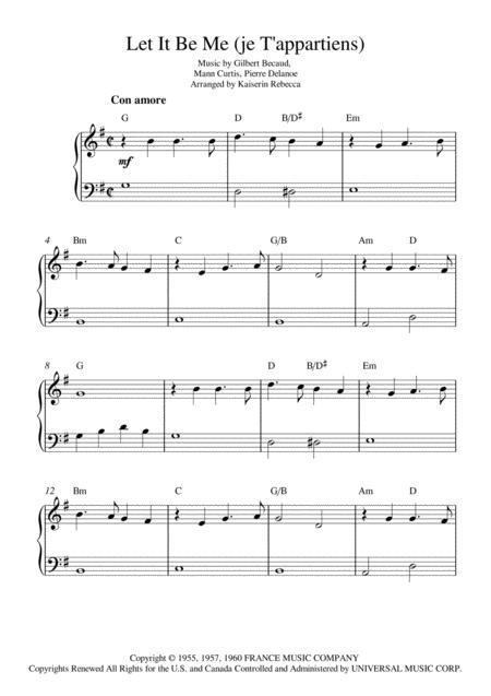 Free Sheet Music Let It Be Me Jet Appartiens Easy Piano Solo With Chords