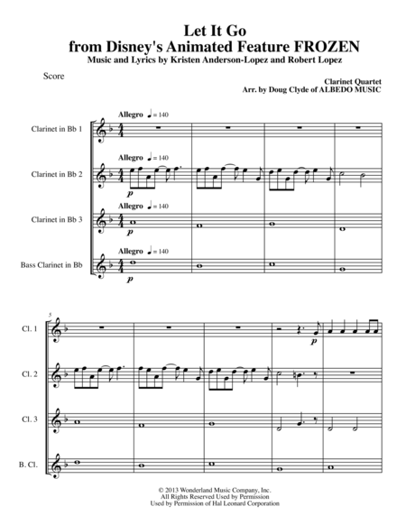 Let It Go From Disneys Animated Feature Frozen For Clarinet Quartet Sheet Music