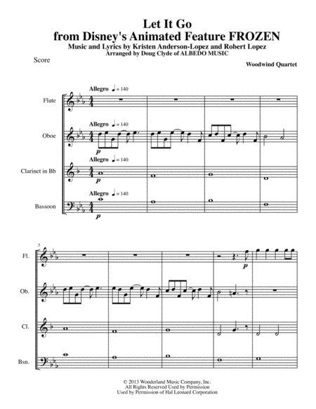 Let It Go From Disneys Animated Feature Frozen For Woodwind Quartet Sheet Music