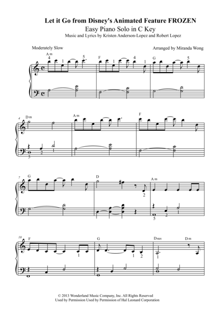 Let It Go From Frozen Easy Piano Solo In C Key Sheet Music