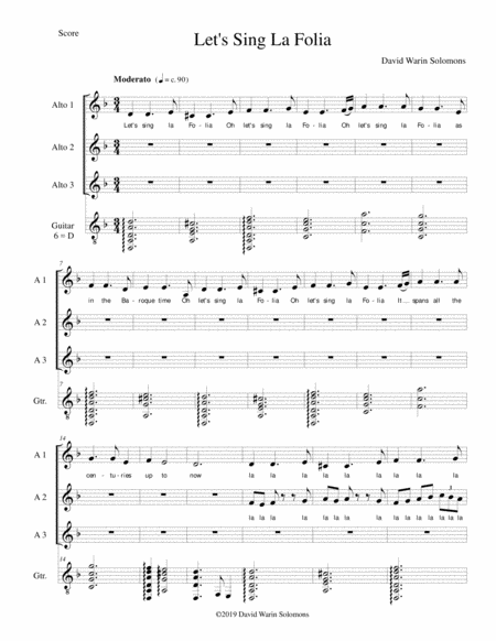 Lets Sing La Folia For Three Alto Parts And Guitar Sheet Music