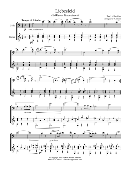 Free Sheet Music Liebesleid For Cello And Guitar