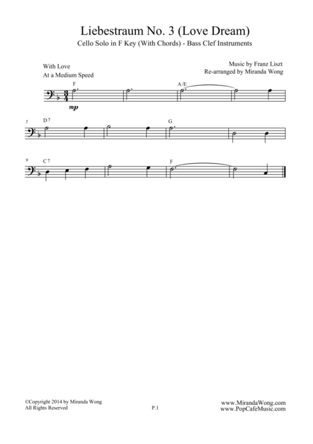 Liebestraum No 3 Love Dream Romantic Easy Cello Music Bass Clef Sheet Music