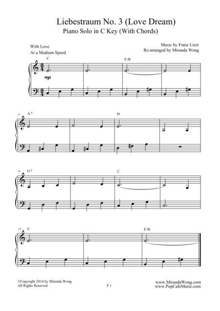 Free Sheet Music Liebestraum No 3 Love Dream Romantic Easy Piano Music In C Key