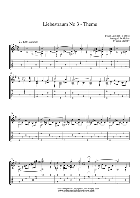 Free Sheet Music Liebestraum No 3 Theme Liszt For Guitar