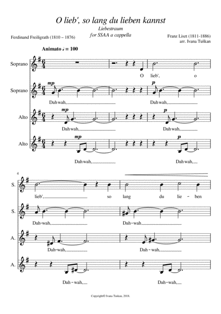 Liebestraum O Lieb So Lang Ssaa G Major Sheet Music