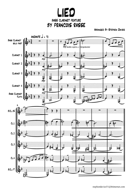 Free Sheet Music Lied Song By Francois Rasse For Solo Bass Clarinet Clarinet Quintet