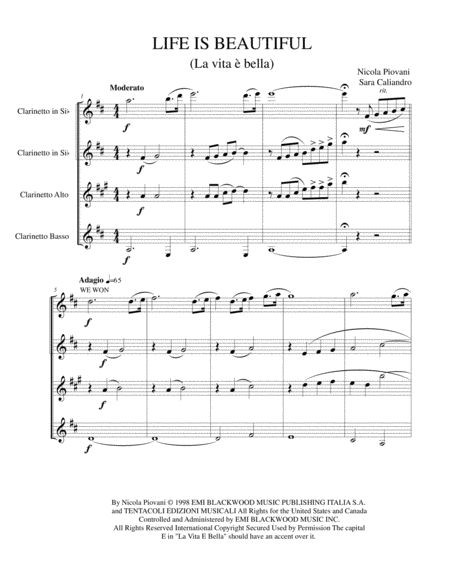 Free Sheet Music Life Is Beautiful La Vita E Bella Clarinet Quartet