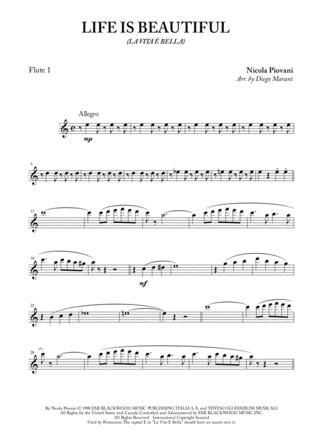 Life Is Beautiful La Vita E Bella For Flute Quartet Sheet Music