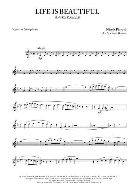 Life Is Beautiful La Vita E Bella For Saxophone Quartet Sheet Music