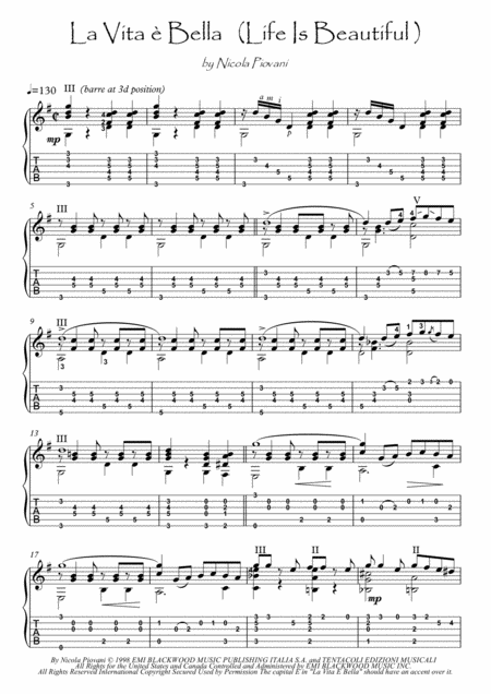 Life Is Beautiful La Vita E Bella Guitar Fingerstyle Sheet Music