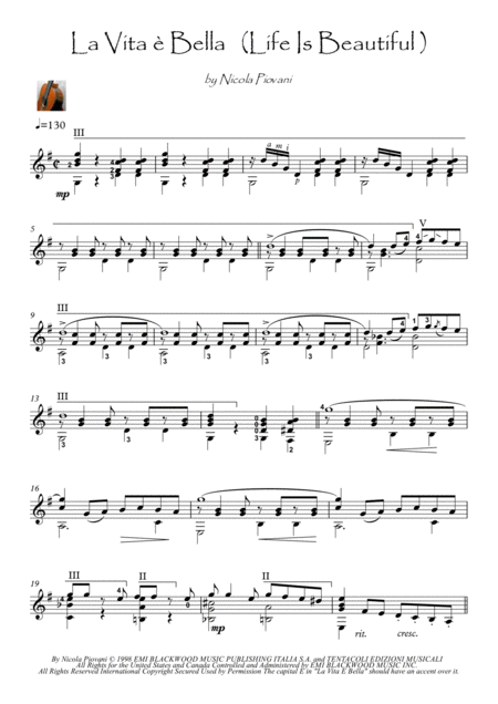 Life Is Beautiful La Vita E Bella Guitar Solo Sheet Music