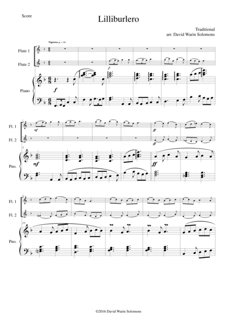 Free Sheet Music Lilliburlero Or Lillibulero For 2 Flutes And Piano