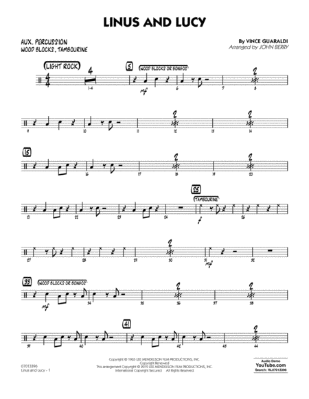 Free Sheet Music Linus And Lucy Arr John Berry Aux Percussion