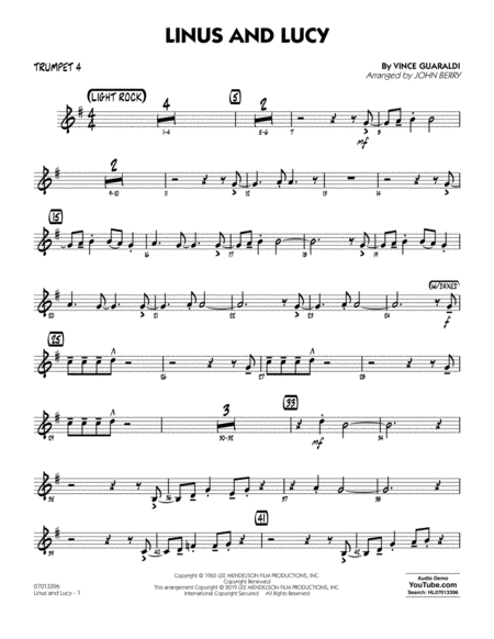 Linus And Lucy Arr John Berry Trumpet 4 Sheet Music