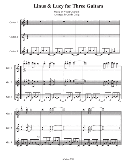 Free Sheet Music Linus And Lucy For Three Guitars Easy