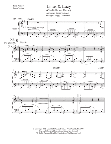 Free Sheet Music Linus And Lucy Key Of G