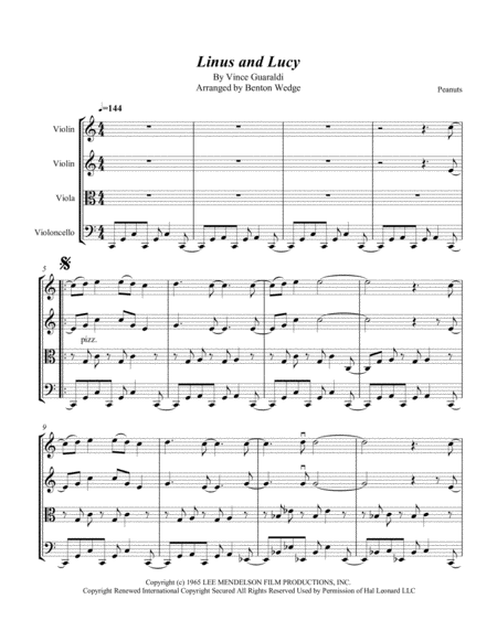 Linus And Lucy String Quartet Or String Trio Sheet Music