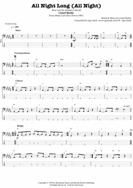 Lionel Richie All Night Long Complete And Accurate Bass Transcription Whit Tab Sheet Music