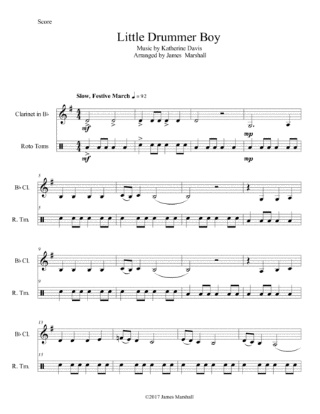 Free Sheet Music Little Drummer Boy For Clarinet And Toms