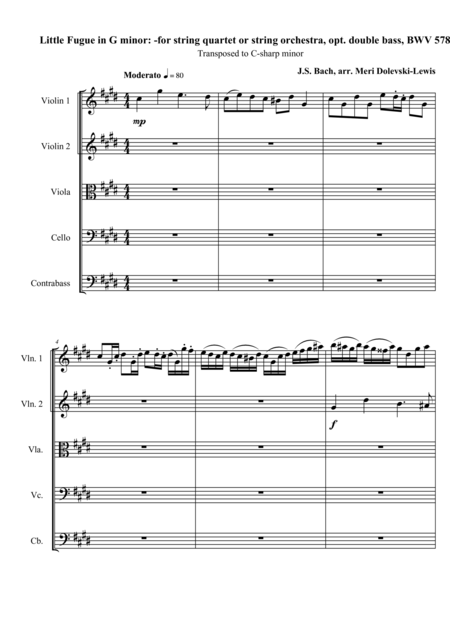 Little Fugue In G Minor Bwv 578 Transposed To C Sharp Minor For String Quartet Or String Orchestra Opt Double Bass Sheet Music