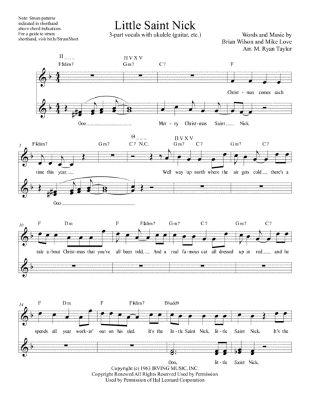 Little Saint Nick From The Beach Boys Christmas Album For Ssa Choir And Strumming Instrument Guitar Ukulele Etc Sheet Music