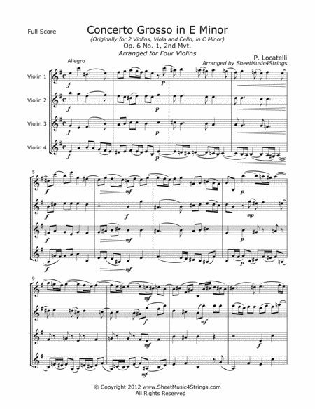 Free Sheet Music Locatelli P Concerto Grosso Mvt 2 For Four Violins