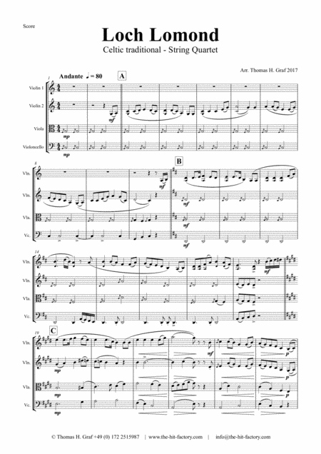 Loch Lomond Celtic Traditional String Quartet Sheet Music