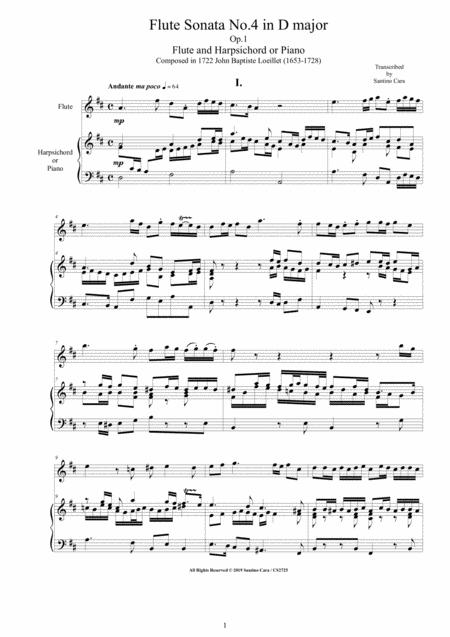 Loeillet Flute Sonata No 4 In D Major Op 1 For Flute And Harpsichord Or Piano Sheet Music