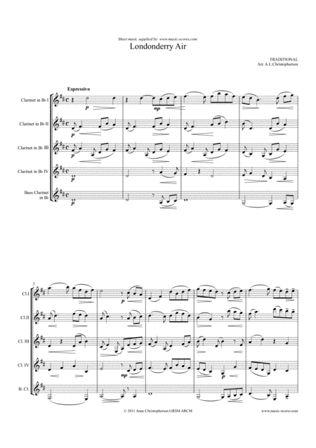 Free Sheet Music Londonderry Air Clarinet Quintet High