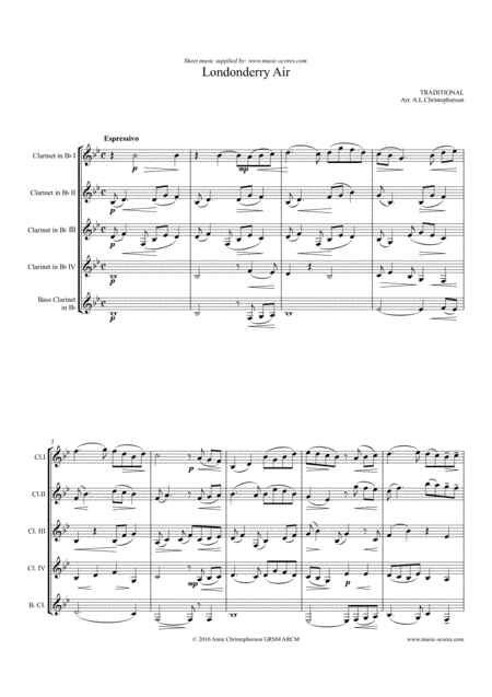 Free Sheet Music Londonderry Air Clarinet Quintet Low