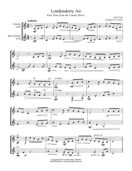 Londonderry Air For Clarinet And Bass Clarinet Duet Sheet Music