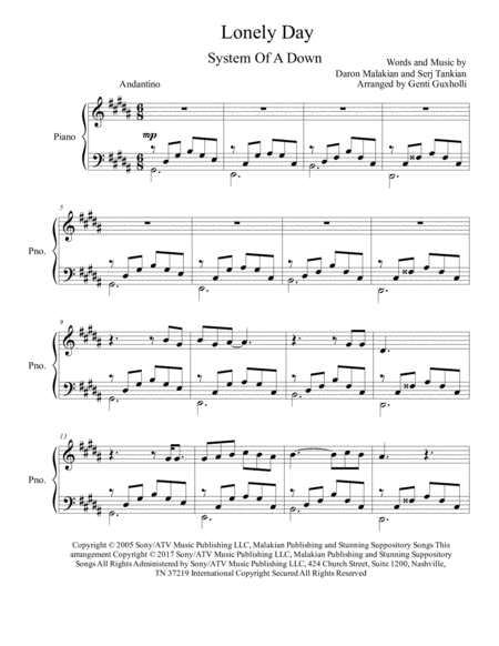 Lonely Day Piano Solo Sheet Music