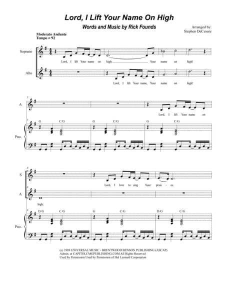 Lord I Lift Your Name On High Duet For Soprano And Alto Solo Sheet Music