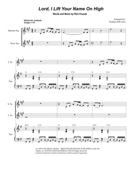 Lord I Lift Your Name On High Duet For Soprano And Tenor Saxophone Sheet Music