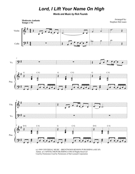 Lord I Lift Your Name On High Duet For Violin And Cello Sheet Music