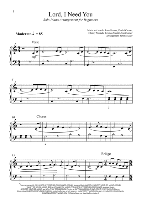 Free Sheet Music Lord I Need You Solo Piano For Beginners