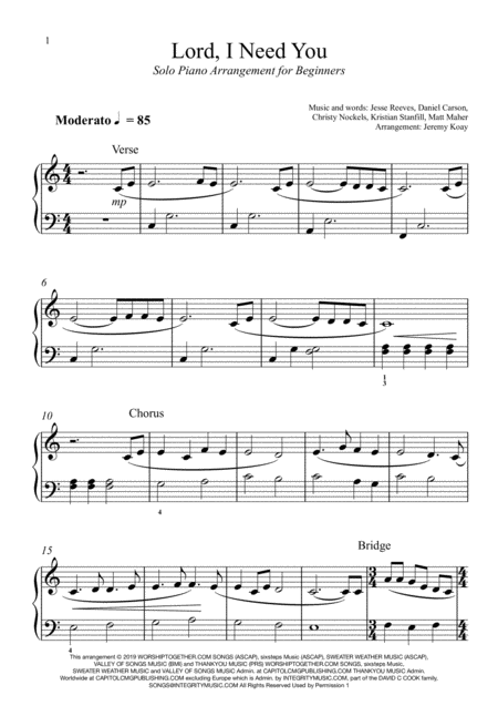 Lord I Need You Solo Piano For Beginners Sheet Music