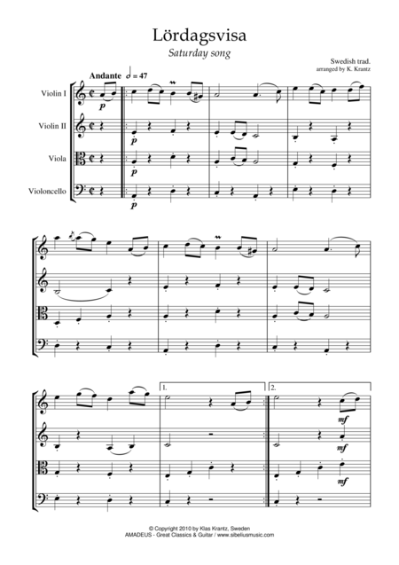 Lordagsvisa Saturday Song For String Quartet Sheet Music